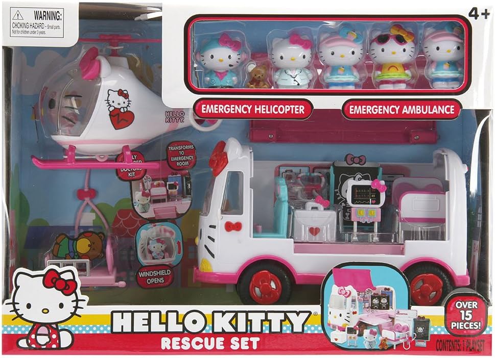 Jada Hello Kitty Rescue Set with Emergency Helicopter & Ambulance Playset, Figures & Accessories, Pink & White