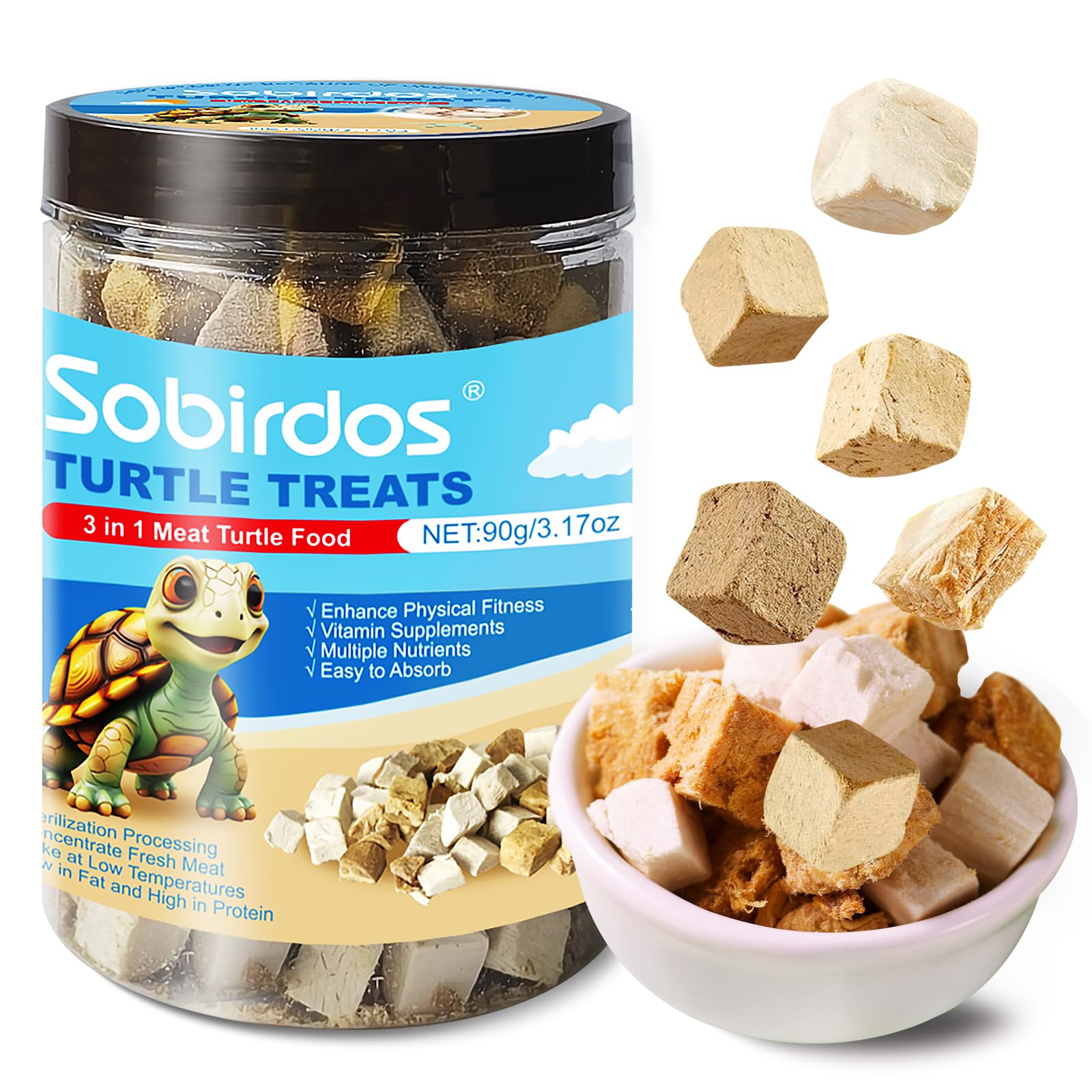 Golosinas de Tortuga, Alimento para Tortugas de Carne 3 En 1, Hecho con Carne Fresca, Pollo, Pato y Pescado Liofilizado, Proteínas Enriquecidas y Vitaminas (90 g / 3.17 Oz) (S, Pollo)