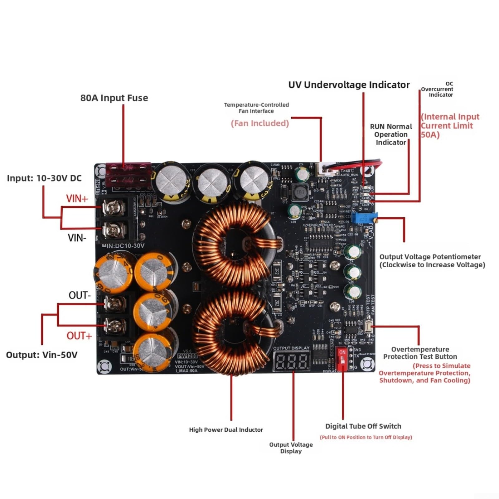 Convertidor de impulso de 1200 W, módulo de alimentación ajustable de 50 A, para potenciador de audio, diseños de inductor dual, con protección contra sobrecorriente, entrada CC 10-30 V a