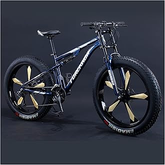 Mountain Bikes Men 26 Inch Adult Fat Tyre Mountain Bike with Full Suspension, High-carbon Steel Large Frame Dual Disc Brake Giant Bicycle,Blue 5 Spoke,27 Speed