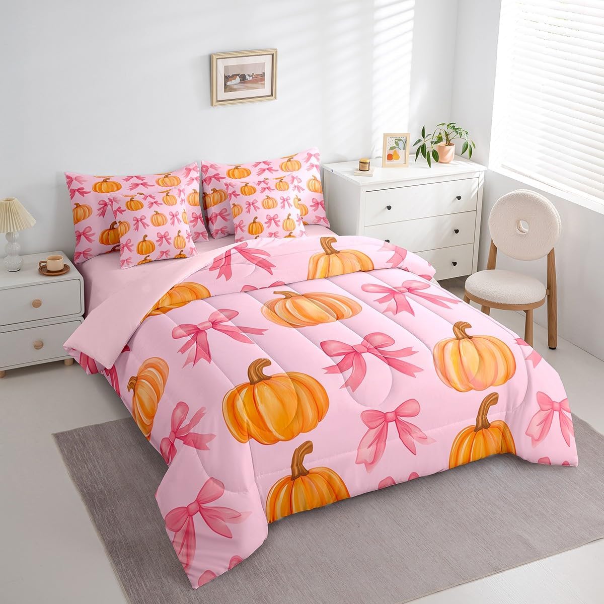 Erosebridal 7 Piece Pumpkin Bed in A Bag Twin Kawaii Pink Bowknot Bedding Set for Kids Girls Teen,Fall Thanksgiving Day Theme Comforter Set Cute Autumn Theme Bed Set with Pillow Covers