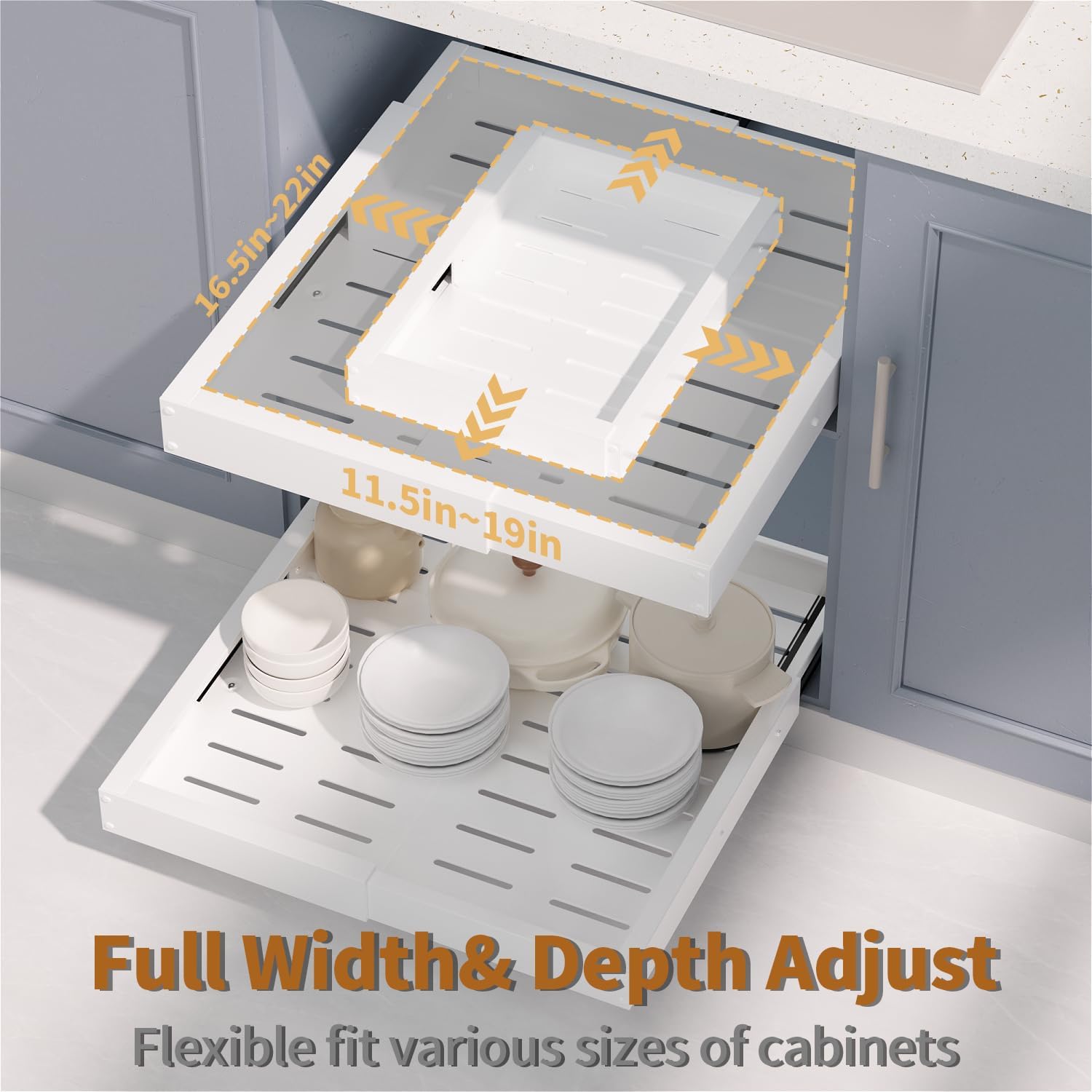 Pull Out Cabinet Organizer for Kitchen,Full Expandable Width 12"-19" Depth 16"-22" Cabinet Drawers Slide Out No Drill Adhesive,Cabinet Pull Out Shelves for Kitchen Pots Pans Spices 2Pack