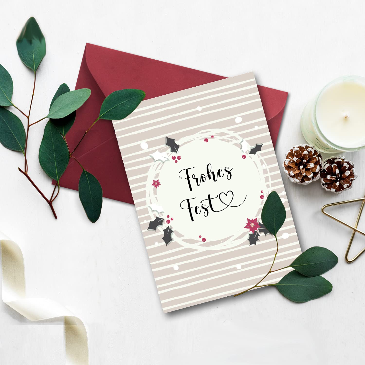 Juego de 75 tarjetas de Navidad sostenibles DIN A6 en color rosa antiguo con ramas de muérdago y texto – tarjetas plegables con sobres DIN C6 rojo oscuro (rojo) con adhesivo húmedo – saludos de