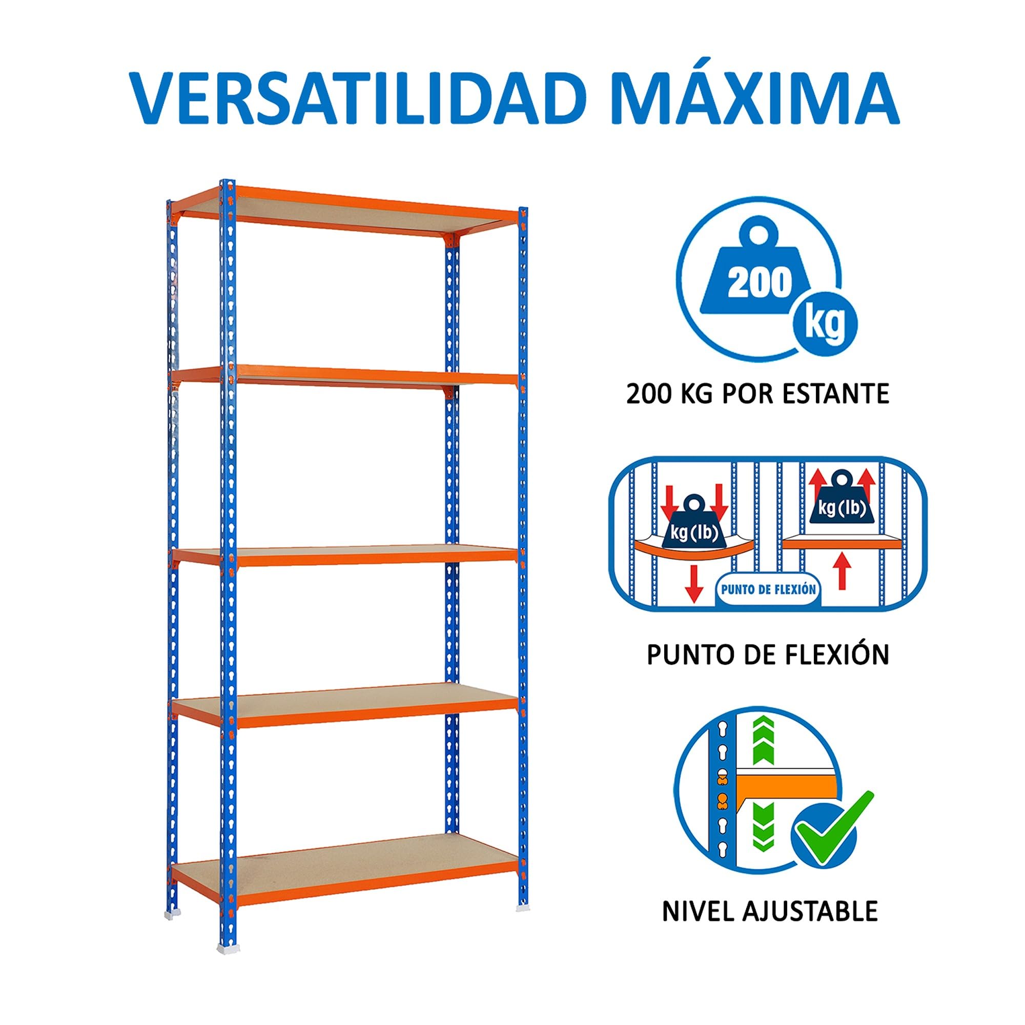 SimonRack Estanteria Metalica, 5 Baldas Madera Ajustables, 200 kg de Punto Flexión, 2000x1200x500 mm, Estantería Almacenaje, Sin tornillos, Azul/Naranja/Madera - Maderclick | 5 Alturas, Bandeja Madera, 200 kg de Punto Flexión, Azul/Naranja , Pintura antic