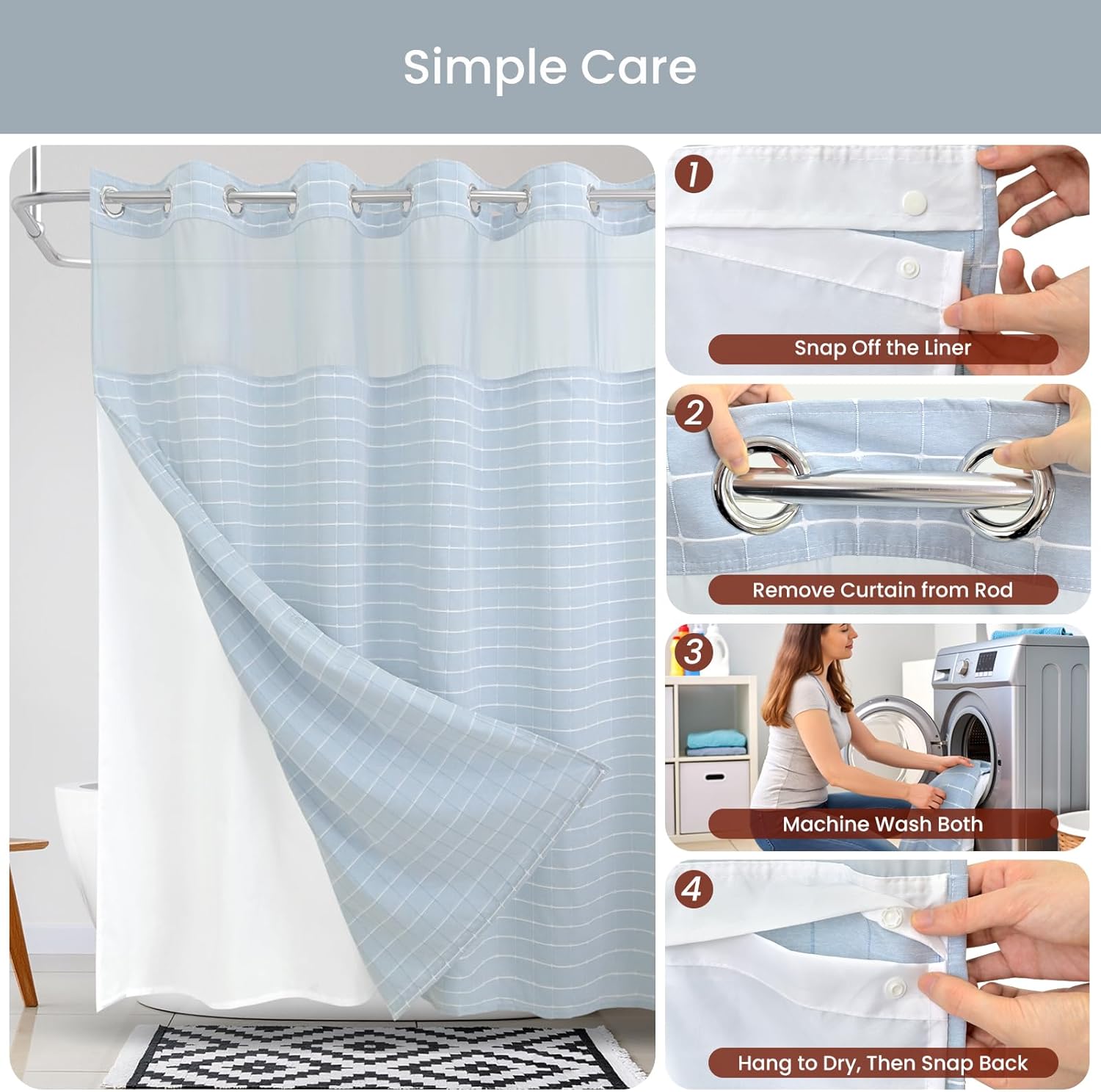 Calm Horizon Series No Hook Shower Curtain, Jacquard with Snap-In Liner, 4 Magnets & Side Suction Cups, Water-Repellent Bath Curtain Spa Hotel with Window (Blue, 72"W x 80"L(Pack of 1))