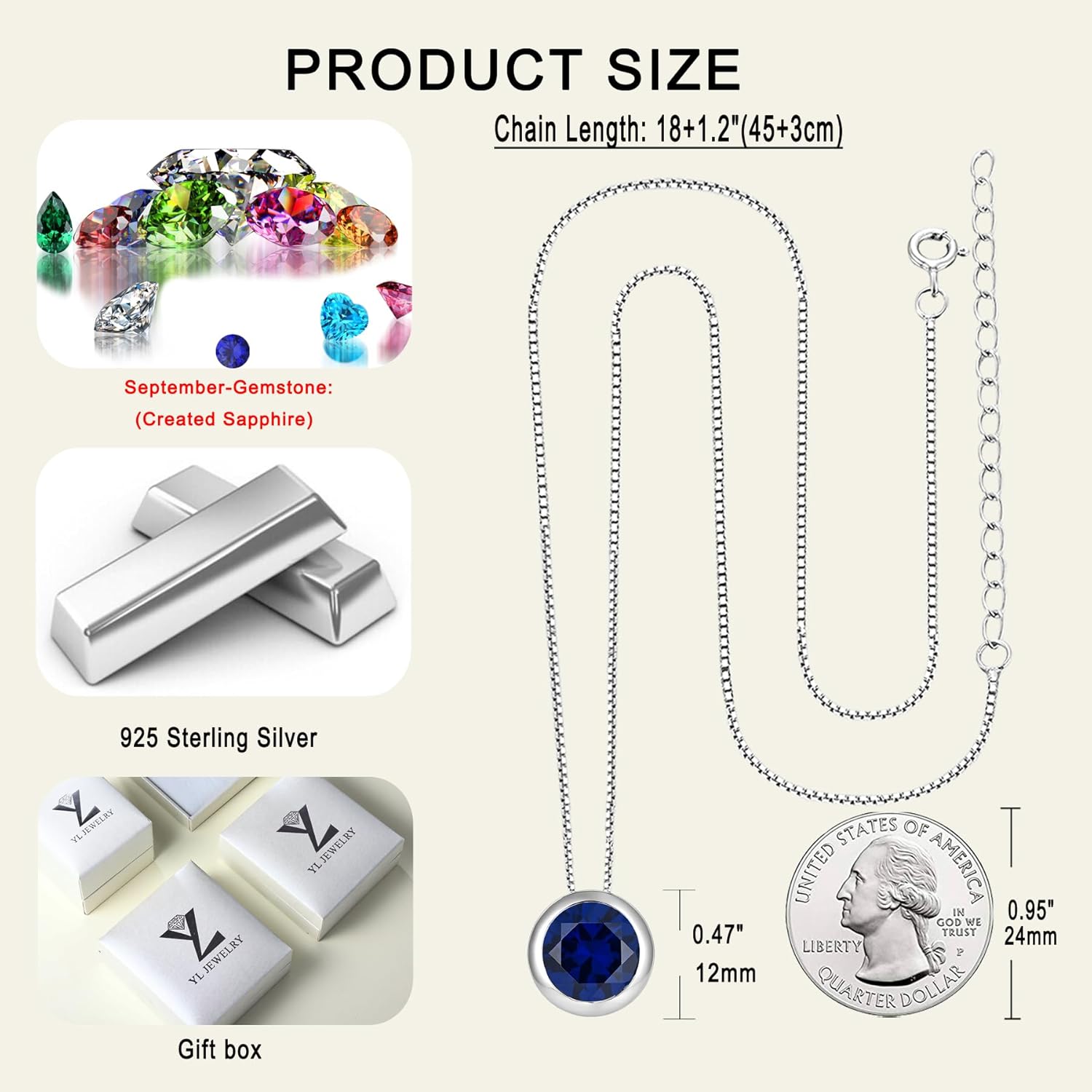 YL Round Solitaire Necklace 925 Sterling Silver Polished Classic Pendant 10 MM Birthstone Jewelry for Women - Image 6