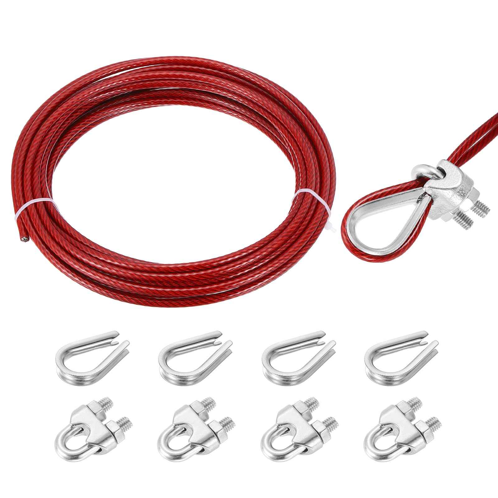 QUARKZMAN 33ft Cavo In Acciaio Inox 304, 6mm (1/4") Rivestito In Vinile Con 4 Pezzi Di Morsetti A Vite E Girelle Per Ringhiere, Decking, Appendere, Stendibiancheria, Rosso 10m