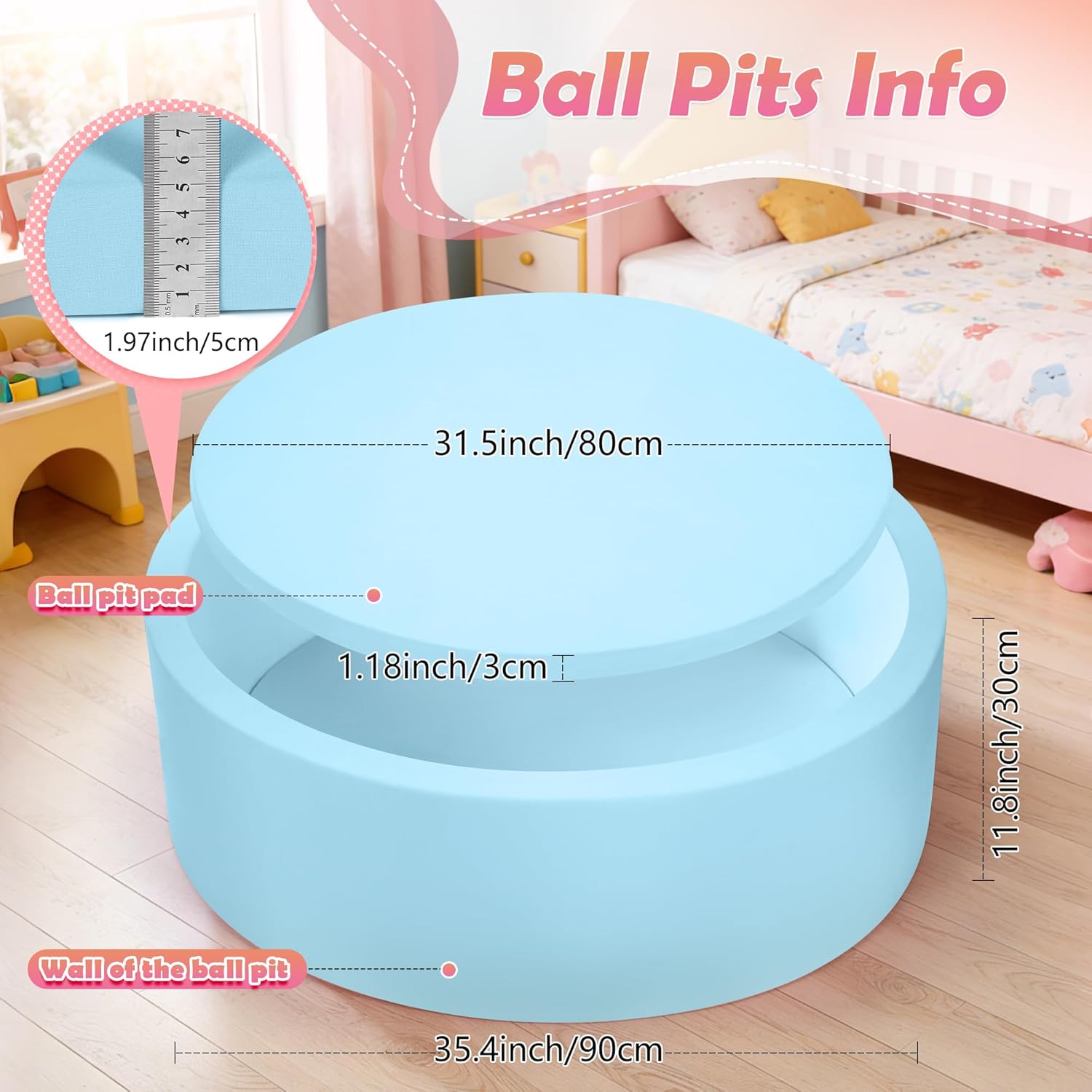 Foam Baby Ball Pit 35.4"x 11.8" for Toddlers, Soft Round Kiddie Playpen Ball Pool for Kids with Soft Memory Sponge, Ideal Gift for Babies Indoor Game(Balls not Included) Blue 35.4IN