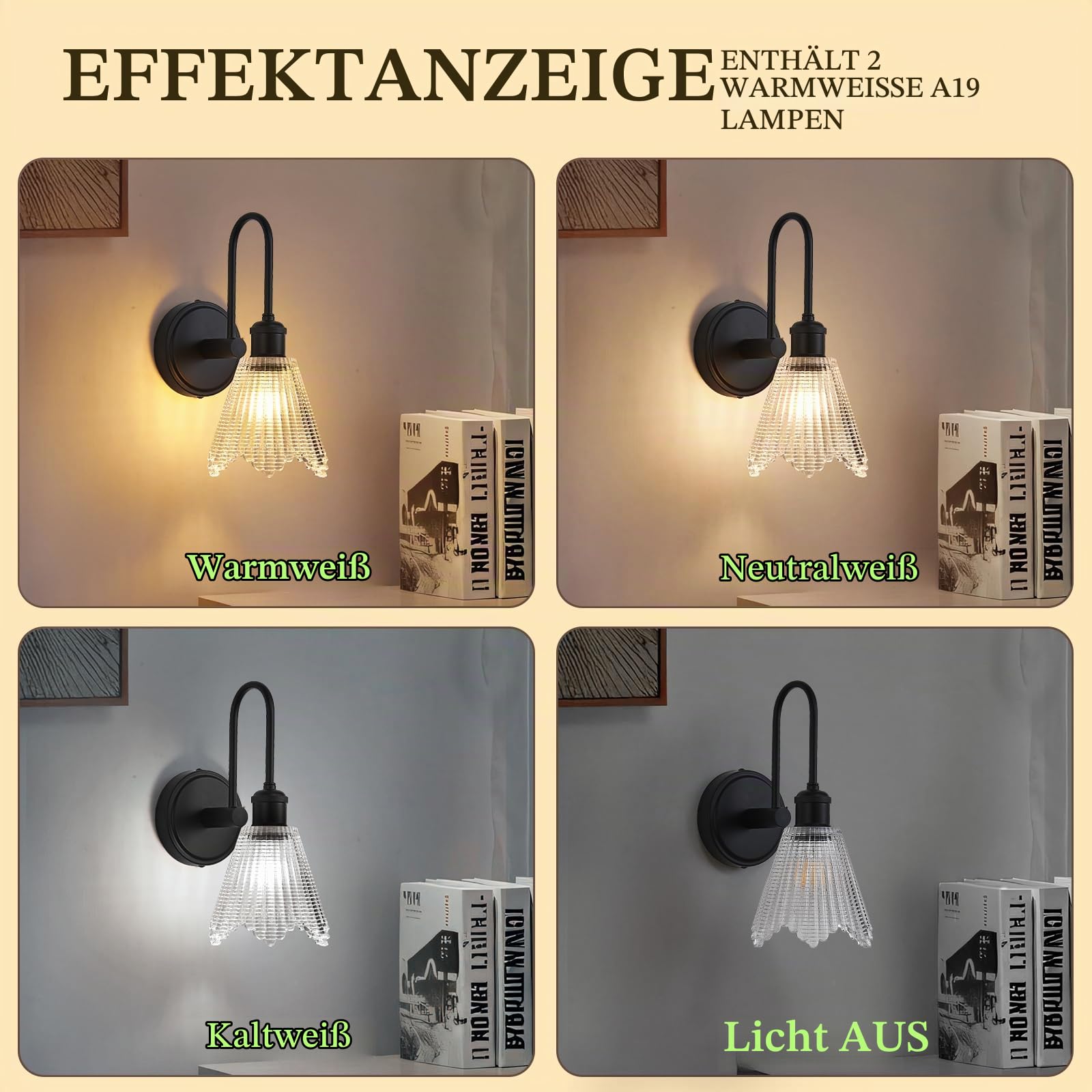 Wandleuchte Set 2-tlg, Schwarz Vintage Wandlampe mit Langem Klaren Glasschirm, Festverkabelte Wandleuchten für Schlafzimmer, Badezimmer, Wohnzimmer | Inkl. 2 LED Birnen