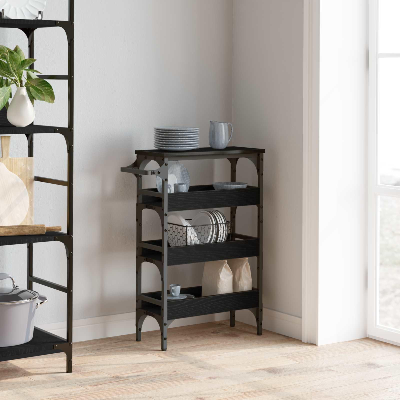 Chariot de Cuisine Industriel en Bois d'ingénierie chêne Noir 53 x 20 x 76 cm avec roulettes et Accents Acier, Rangement Mobile pour Petite Cuisine