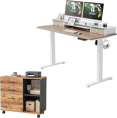 FEZIBO Electric Standing Desk with Glass Top Monitor Stand,48 x 26 Inch with File Cabinet