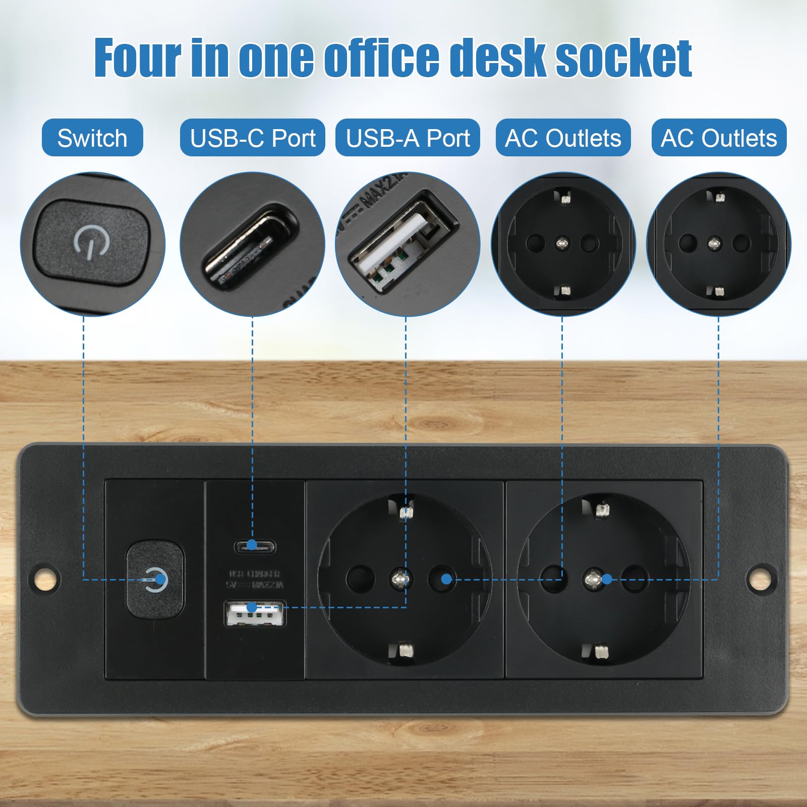 Presa da tavolo a scomparsa con 2 USB e interruttore, a scomparsa, 3 prese, presa da tavolo con cavo da 1,8 m, per uffici, camera da letto, aule (nero, 2AC + USB (A+C)