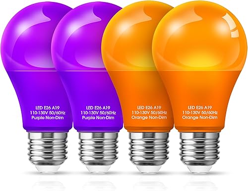 Miniatura 8 de Bombillas naranjas moradas (paquete de 4)  Bombillas LED A19 color naranja, bombillas moradas de 9 W (equivalente a 60 W), bombilla naranja con base