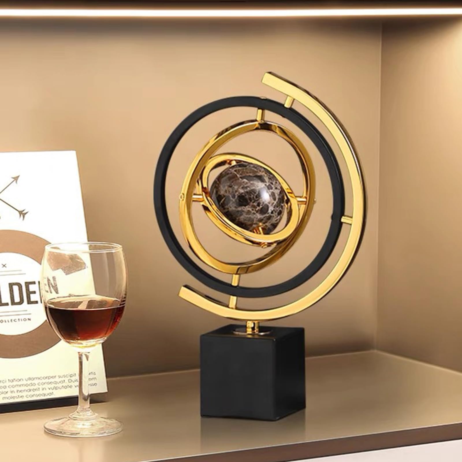 Decorazione Sculture Moderne in Metallo, Sculture di Arte Astratta a Globo Girevole con Supporto Rettangolare, Statua per Scrivania, Libreria e Soggiorno, Nero e Oro