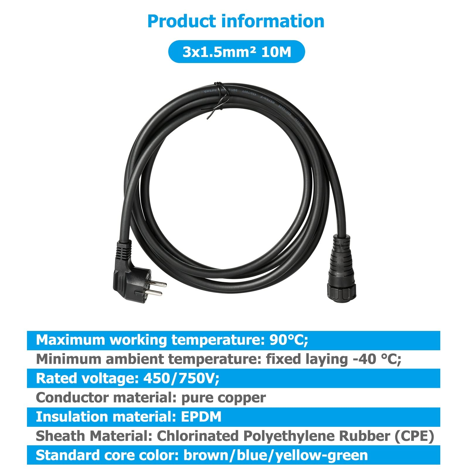 DEWIN AC Kabel, 10 Meter Solar Photovoltaik Mikro Wechselrichter AC Netzkabel 3 x 1,5 mm² für WVC Wechselrichter 600W/700W/1200W/1600W