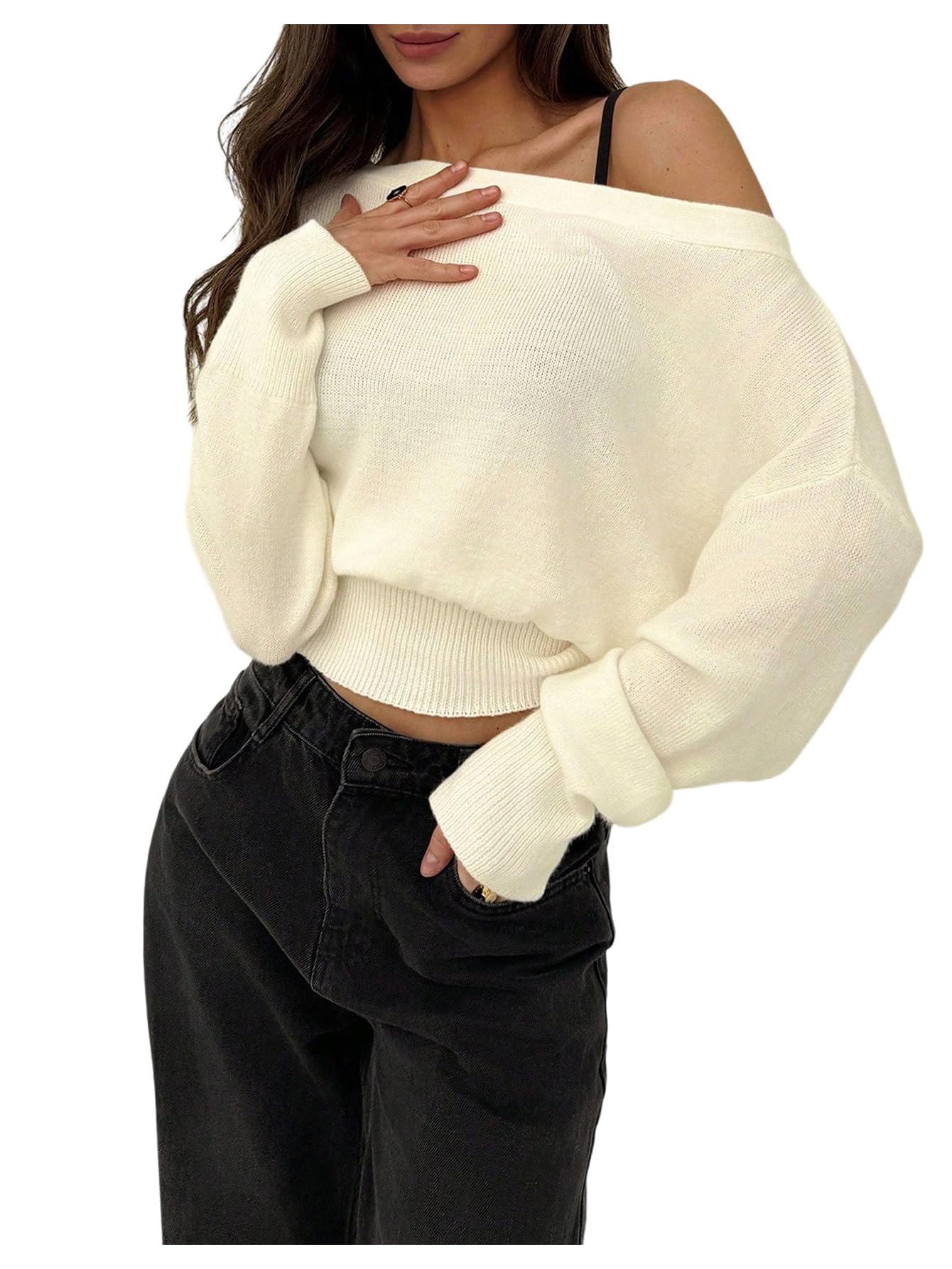Womens Off The Shoulder Sweater Long Sleeve Knit Pullover Cinched Waist Tops Trendy Fall Outfits