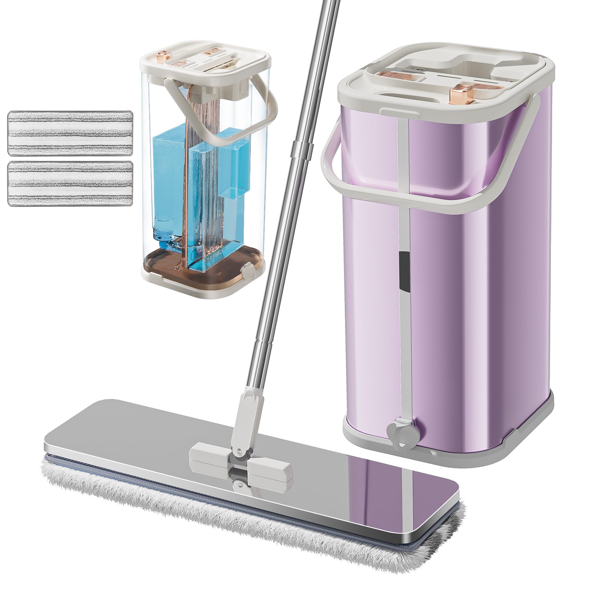 Pink Separates Dirty Water Mop and Bucket, Flat Mop and Bucket for Home with Extra Refills, Stainless Steel Mop and Bucket with Wringer (Mop and Bucket with 2 Pads)