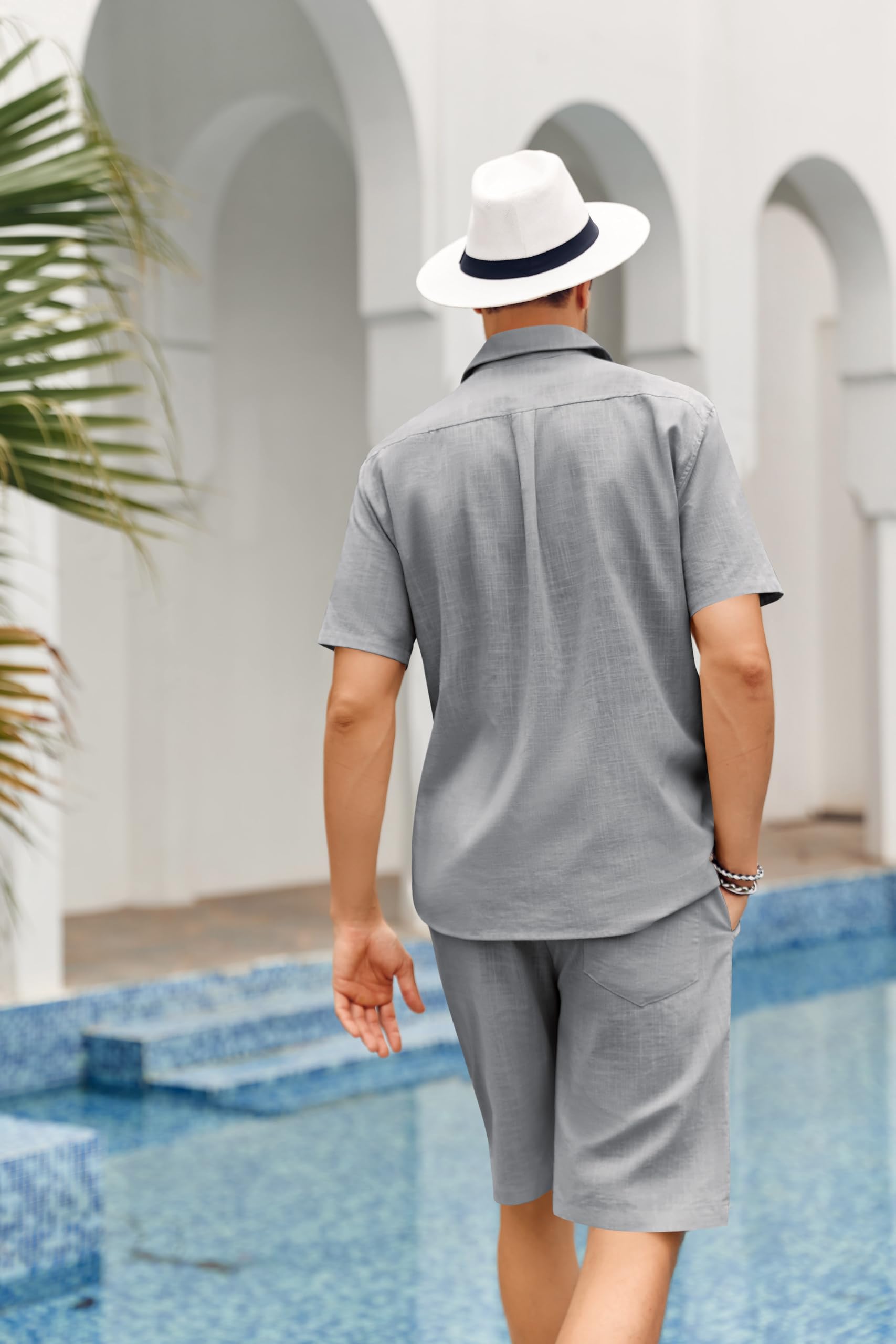 Set di 2 pezzi di lino da uomo, vestibilità normale, con bottoni, camicia da spiaggia e pantaloncini, a maniche corte