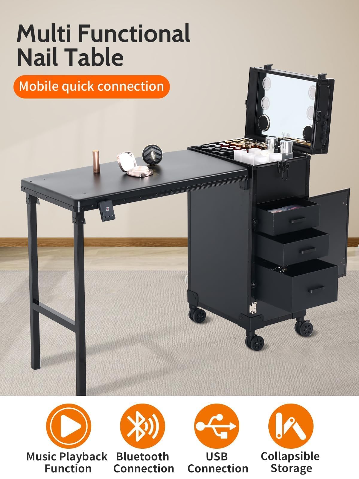 EBANKU Table Manucure Professionnelle à roulettes 360°, Table à Ongles Portable, Pliable, De Voyage, pour CosméTiques, avec Tiroirs, Miroir, Lecteur Bluetooth, Noir