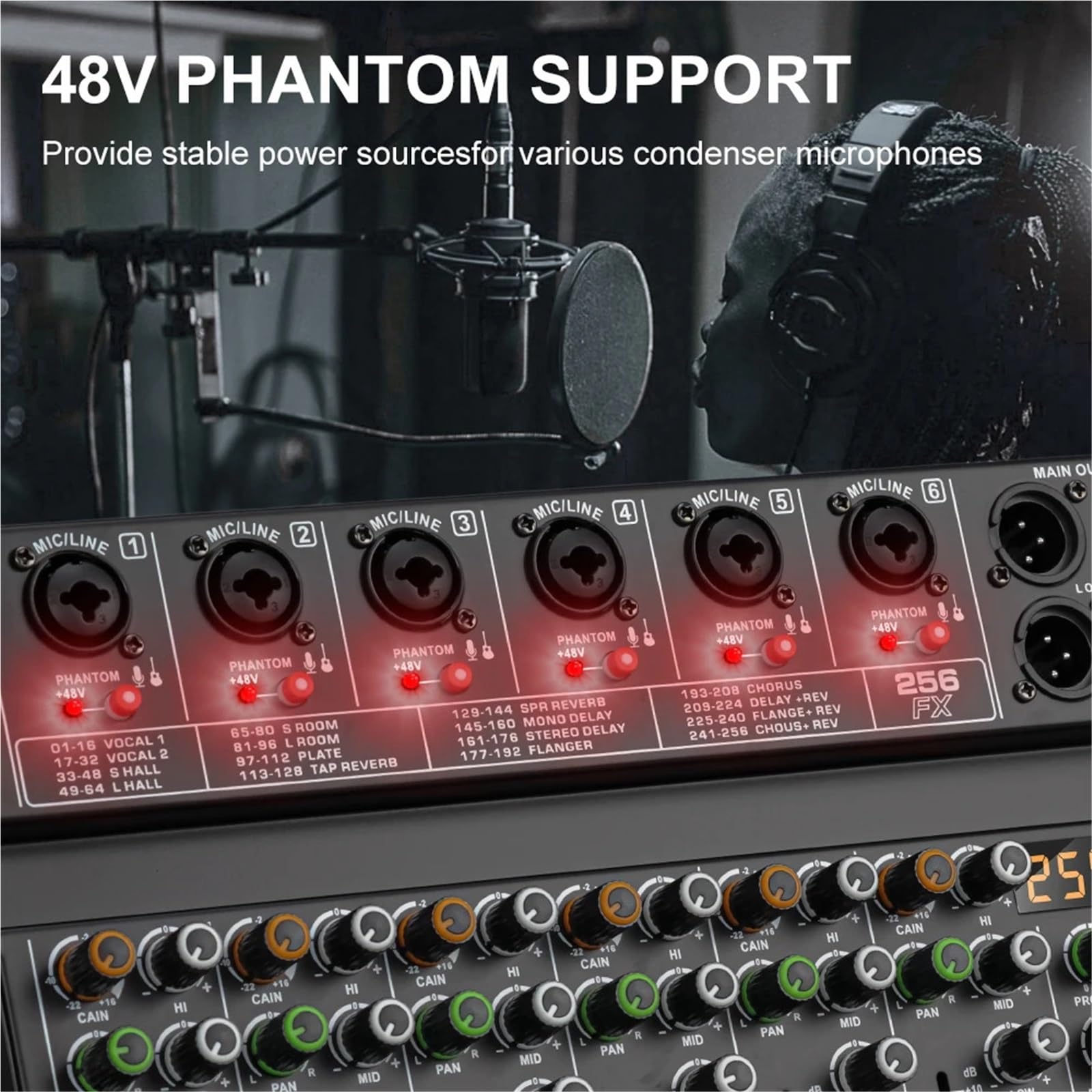 Mixer con effetti DSP a 6 canali, 256 canali, registrazione, PC, alimentazione Phantom a 48 V, mixer USB, console DJ Bluetooth, mixaggio