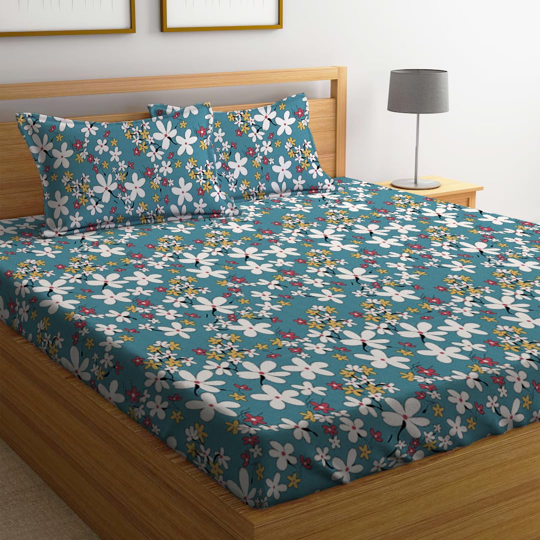 LOOMLYFE 300 TC Cotton Feel Glace Cotton Elastic Fitted Printed King Size Double Bed Bedsheet with 2 Pillow Covers Fits Upto 8 inches Mattress, Size- 72X78 Inches, Skyblueflowes
