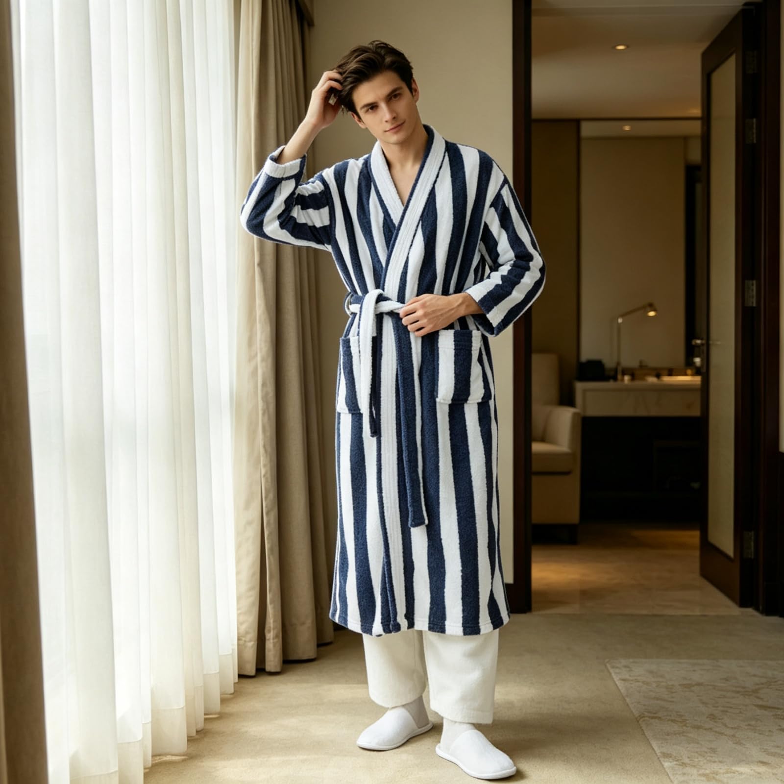 Kimono da uomo in spugna, a righe, soffice, con tasche, per la casa