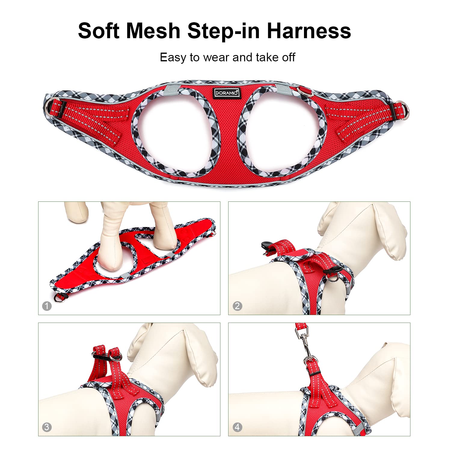 Harnais Chien, Step-in Harnais pour Chiens avec Laisse, Réfléchissant Respirant Mesh Doux Confort Réglable Gilet Harnais pour Petite Chiens Chats pour Marcher Courir (Rouge, S)