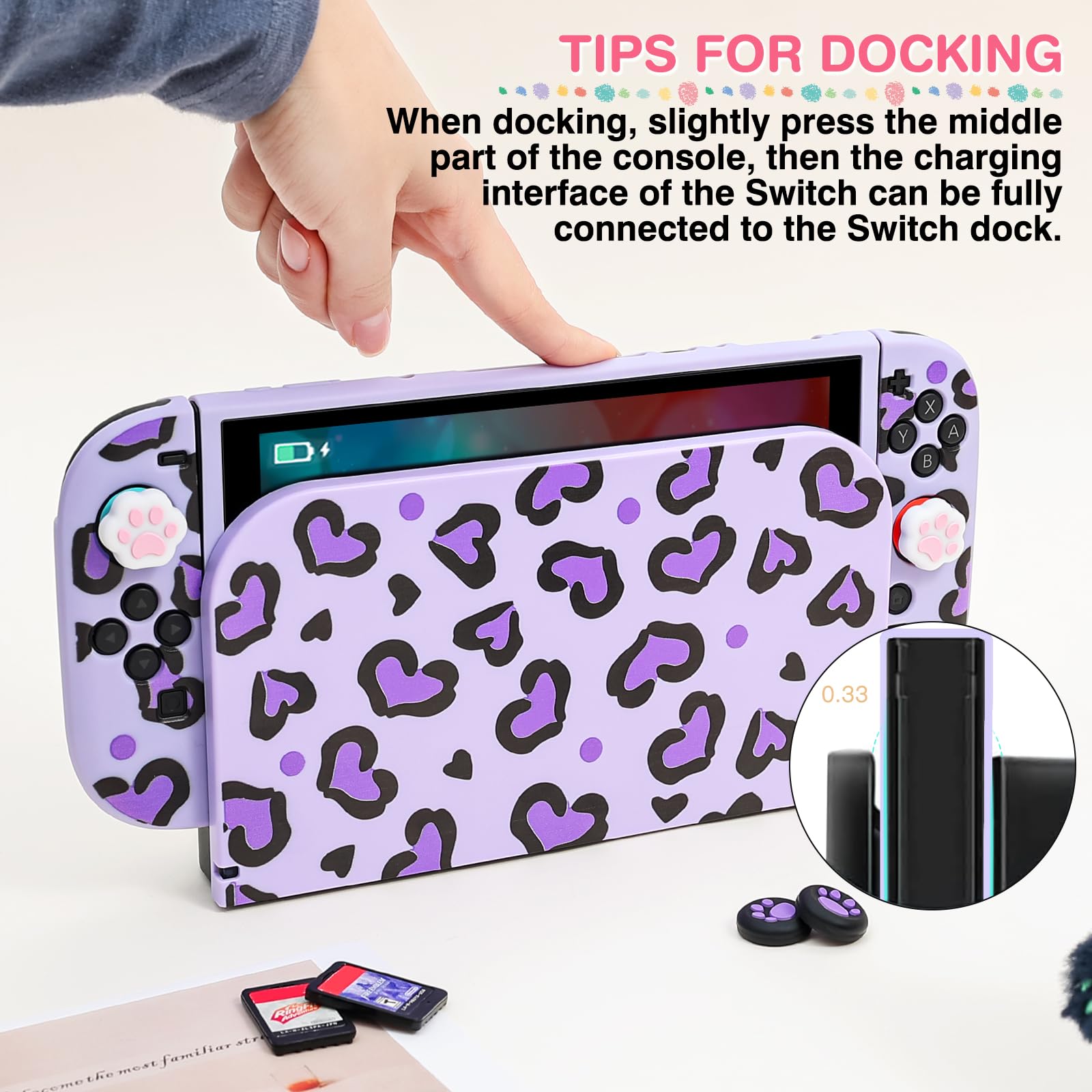 DLseego Carry Case for Switch 2,Heart Leopard Portable Storage Travel Game Carrying Case with NS 2 Dockable Protective Cover,4PCS Thumb Grip Cap and 1PC Plush Heart Charm,Purple — view 3