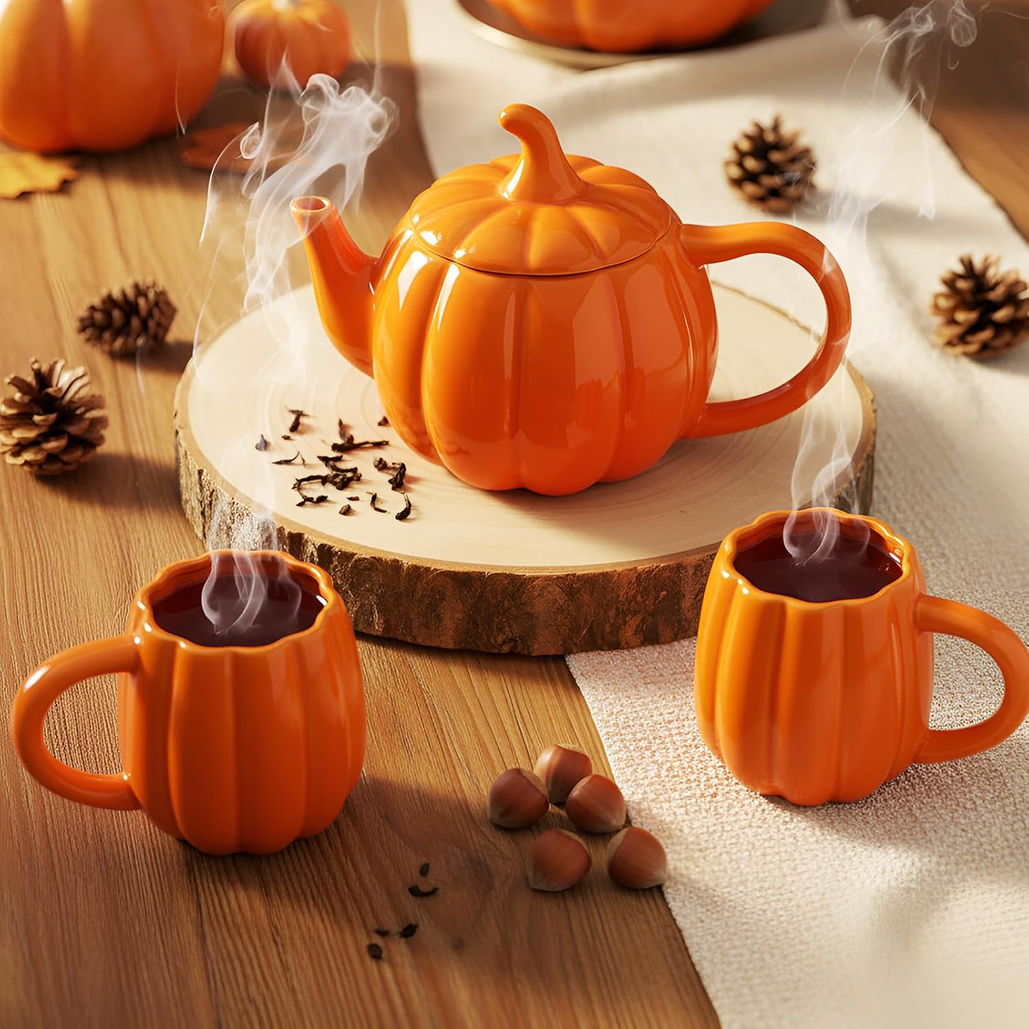 Mimorou Thanksgiving Pumpkin Tea Set Ceramic Teapot with 2 Mugs and Tea Mug Orange Ceramic Pumpkin Shaped Teapot Set for Thanksgiving Halloween Christmas Birthday Gift