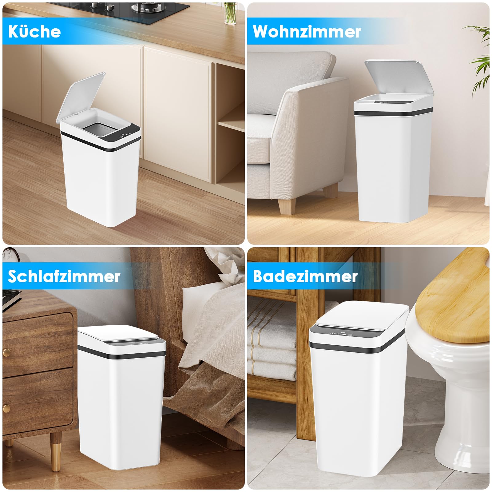 Dreamhigh 2er Set Mülleimer Mit Sensor, 12L Elektrischer Mülleimer Mit Automatischem Deckel, Smart Mülleimer Mit 3 Öffnungsmodi, Leise & Wasserdicht Für Küche, Bad, Büro, Wohnzimmer (Weiß)