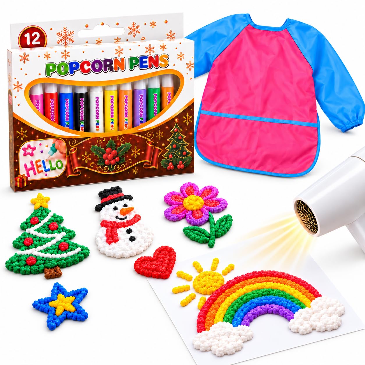 GEEKHOM Popcorn Stifte 3D Relief Kunststifte: DIY Magische Popcorn Pens für Kinder, 12 Farben Set mit Malschürze – Zum Entwerfen von Grußkarten und Kunstwerken