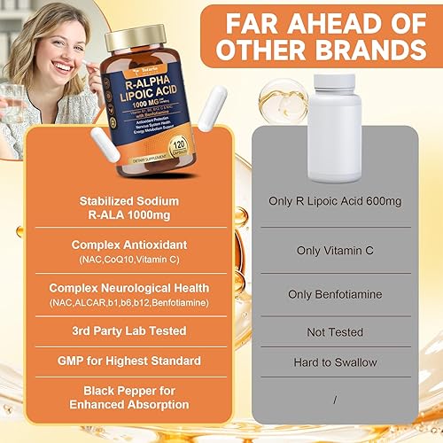 Miniatura 4 de (2 paquetes) R ácido alfa lipoico 1000 mg con benfotiamina - Suplemento de sodio ALA para neuropatía, apoyo a la salud nerviosa y antioxidante,
