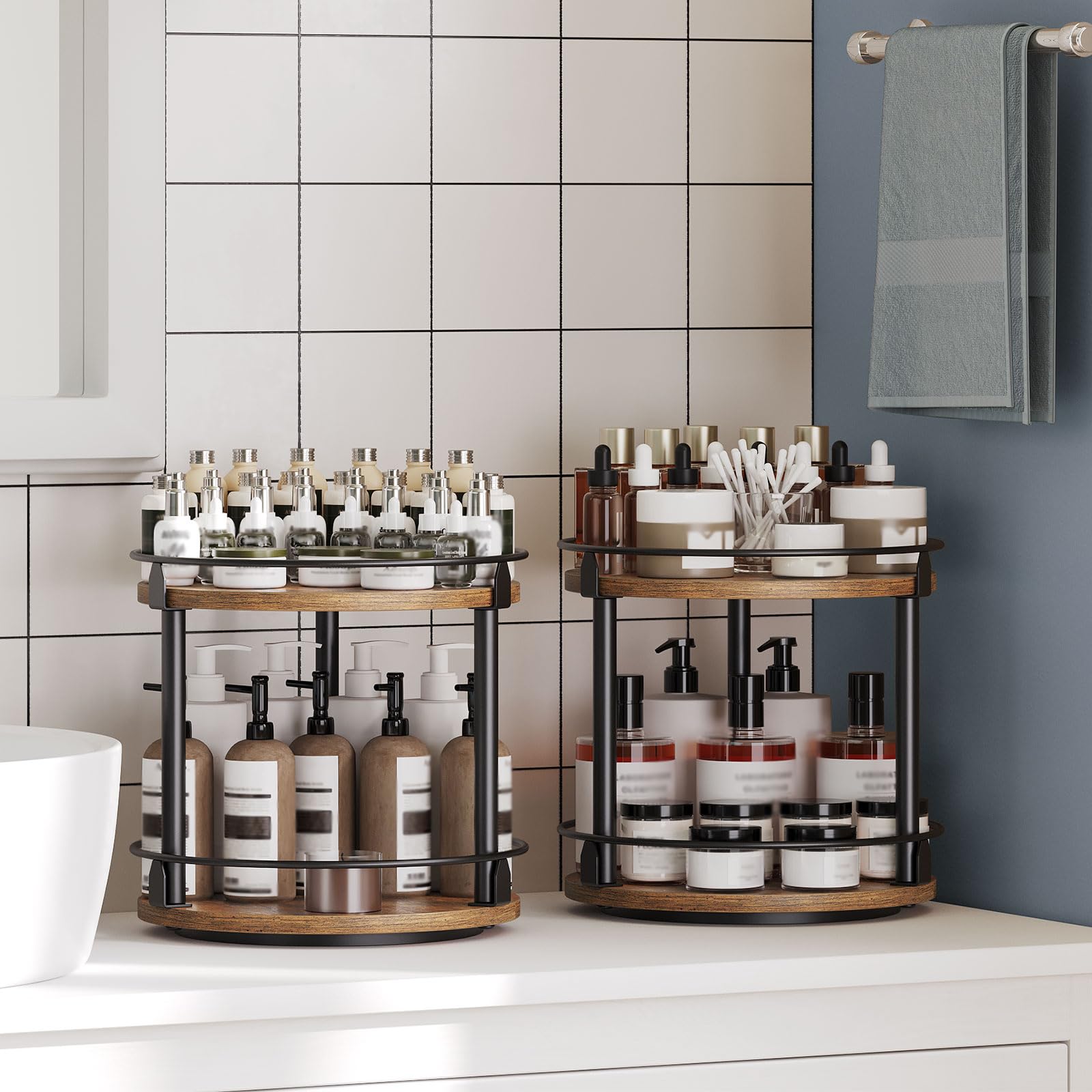 YATINEY Étagère à Épices, Organisateur Pivotant, Plateau Rond à 2 Niveaux, Emballé par 2, Plateau à Épices Rotatif, pour comptoir de Cuisine Marron Rustique et Noir XSR22L2BR