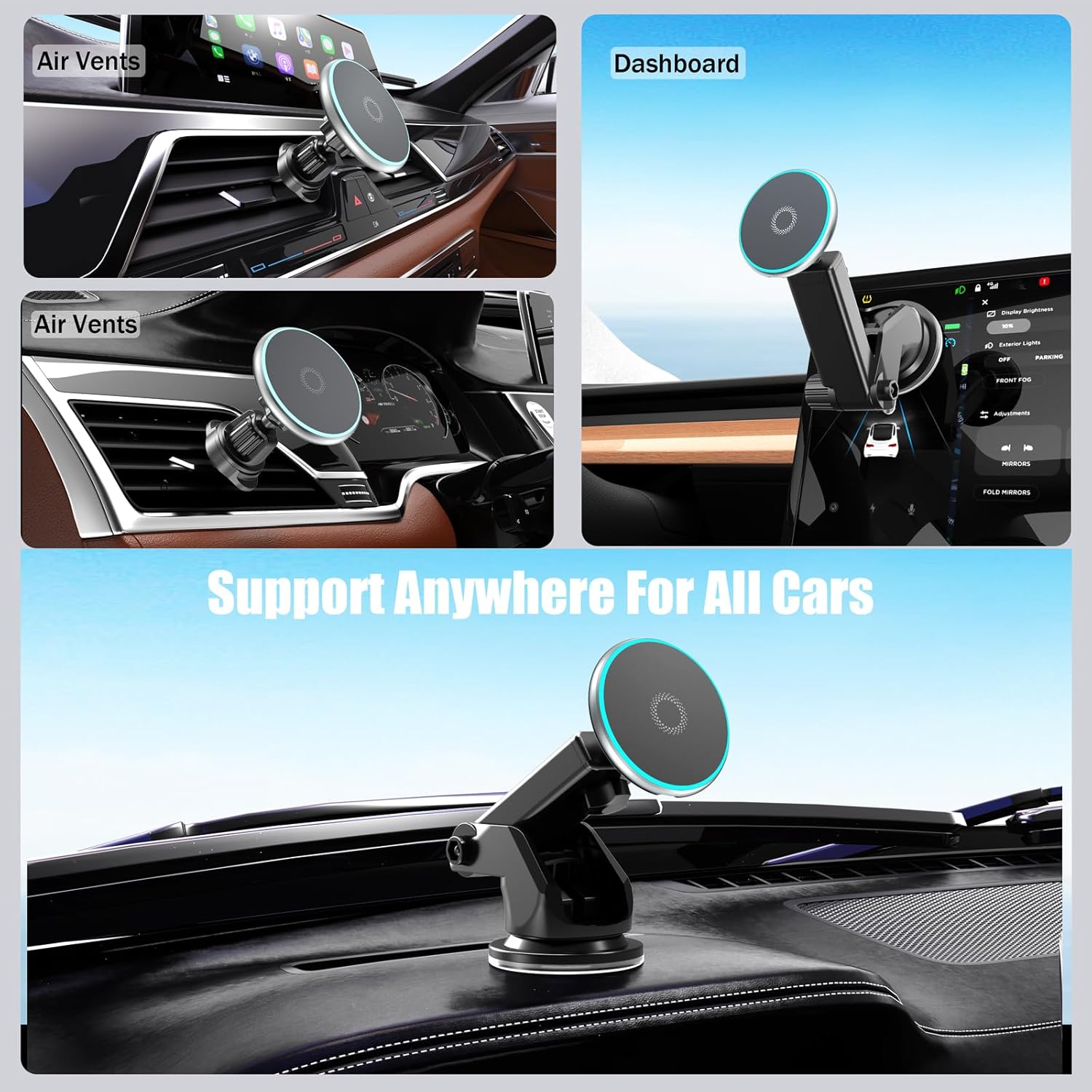 Magnetic Car Phone Mount with Wireless Charger, Phone Holder for Car Dash Windshield Vent, Strong Magnetic Car Mount Charger for iPhone 17 16 15 14 13 12.