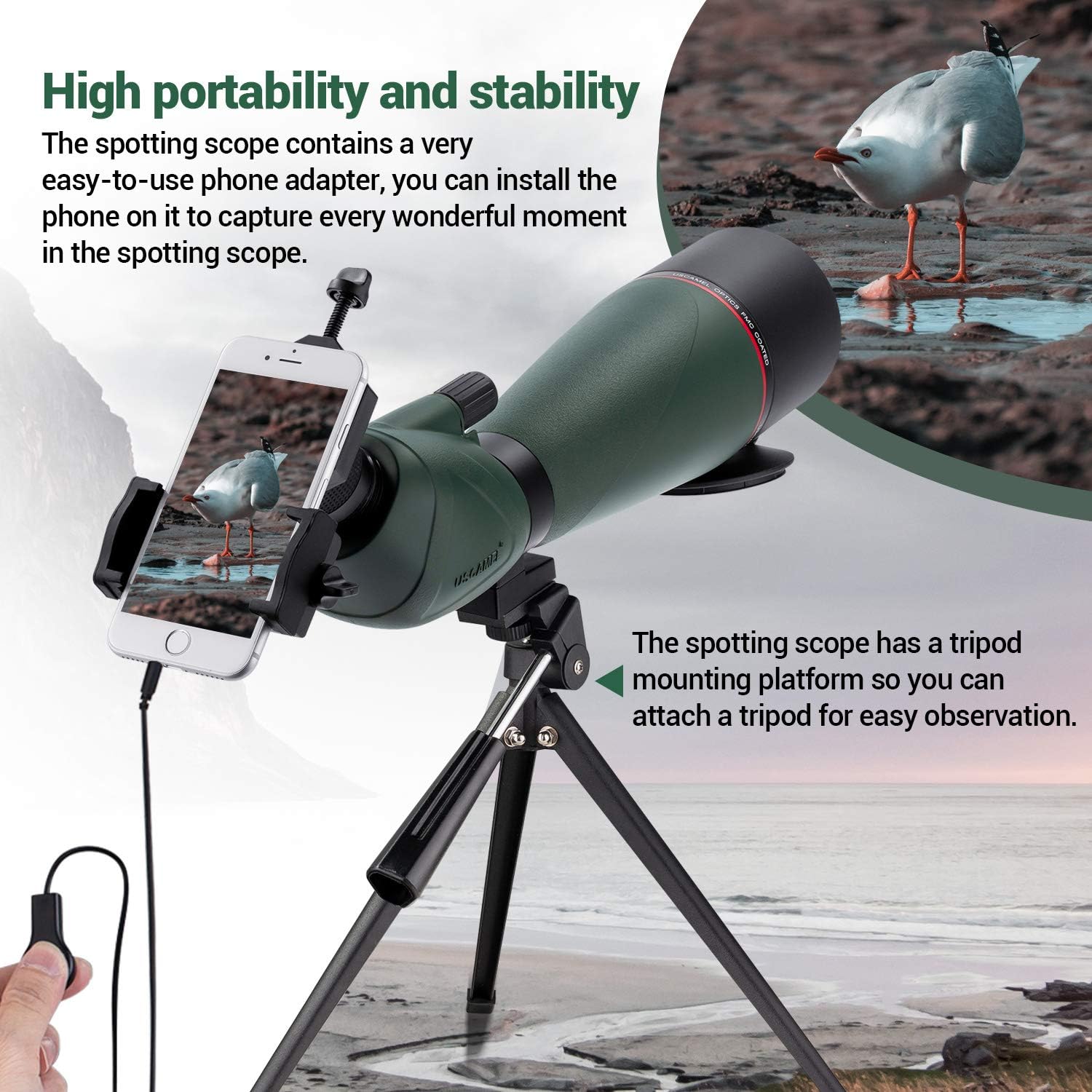NOCOEX 20-60x80mm Spotting Scope - HD Optics Waterproof Monocular Telescope for Birdwatching, Astronomy, Wildlife, Scenery, Shooting, Archery, Outdoor - with Tripod, Phone Adapter, Shutter Control : Electronics