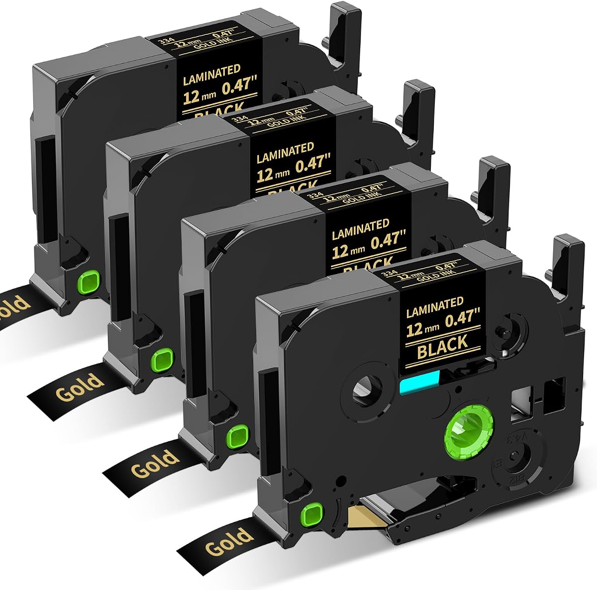 Replacement for Brother P Touch Label Tape Gold on Black TZe-334 TZe334 | TZe TZ Tape 12mm 0.47 Laminated, Compatible with PT-D210 PT-D220 PT-H110 PT-D400 PT-D410 PT-D600, 1/2 in x 26.2 ft, 4-Pack
