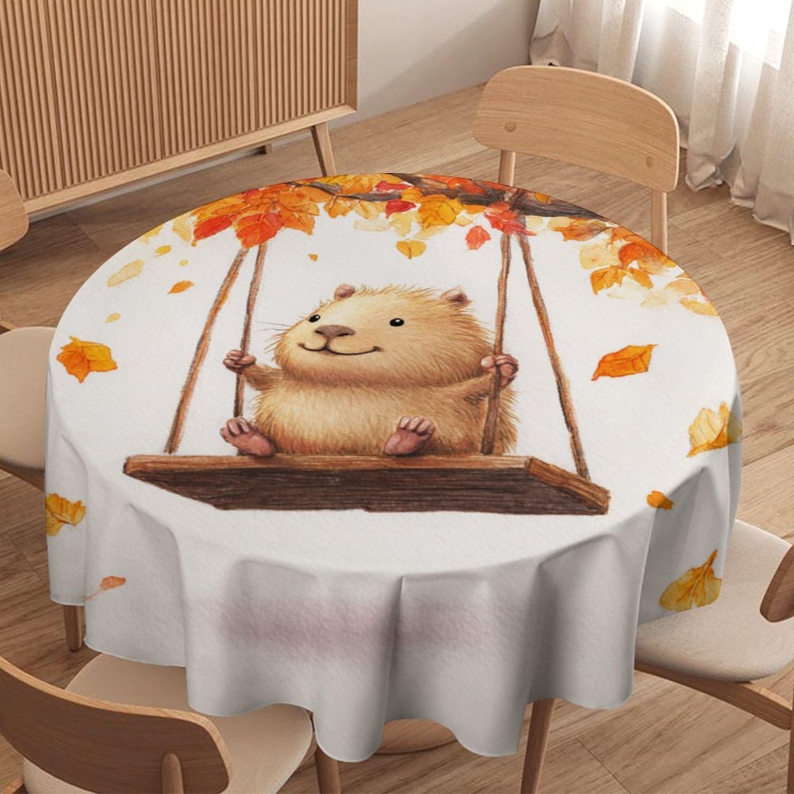 LUYYSKY Colorful Realistic Capybara Round Tablecloth Beautiful Rustic Fall Maple Trees Animals Capybaras Pattern Washable Decor for Table Cover for Kitchen-152.4" Wx152.4 L cm