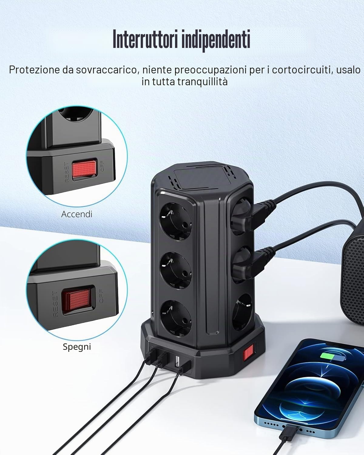 Sameriver Ciabatta Multipresa, Multipresa Elettrica con 12 Prese e 3 USB A+1 USB C(4000W/16A), Ciabatta Multipresa con usb Verticale protezione Sovratensione con interruttori, Nero F (Schuko)