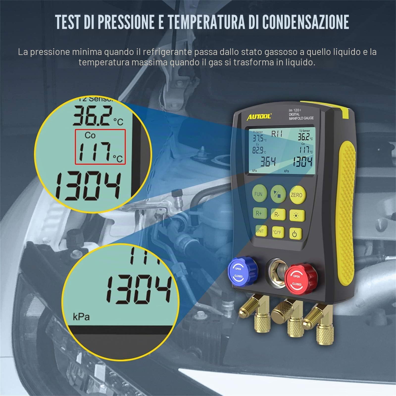 Refrigerazione Digital Collettore Gauge Meter HVAC Vacuum Pressure Tester Kit con clip di prova e tubo per la manutenzione del condizionatore d'aria, frigorifero (LM120+)