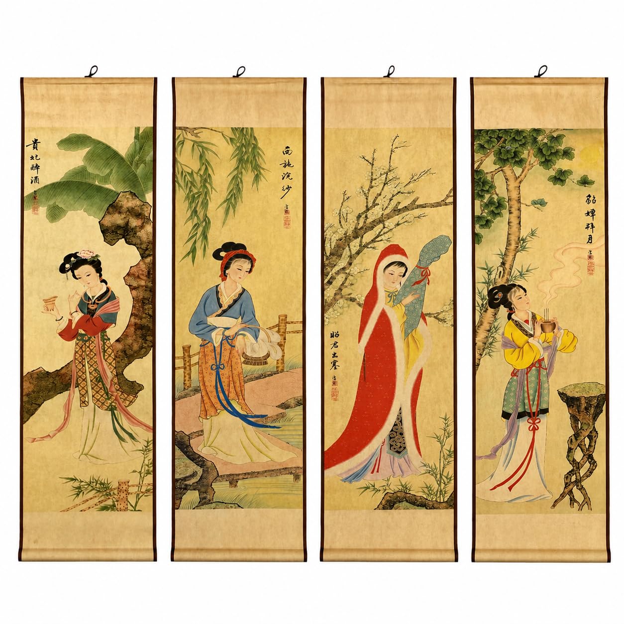 中国古画唐伯虎四条屏中堂掛画書画収蔵用応接間装飾古画4枚K Amazon.co.jp: Tang Bohu 4パック/セット 壁掛け絵画 部屋の装飾用