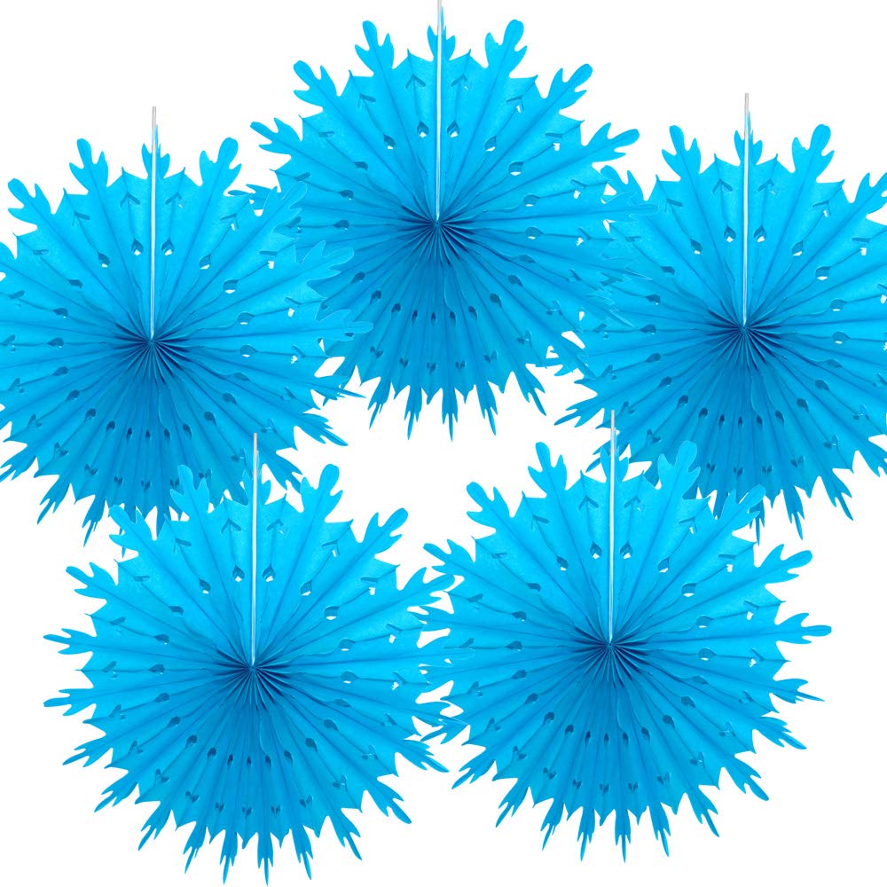 Time to Sparkle 14"(35cm)-5pcs Hanging Fans Tissue Paper Fan Paper Flowers Baby Shower Birthday Wedding Snowflake Christmas | Fan-aqua Blue |