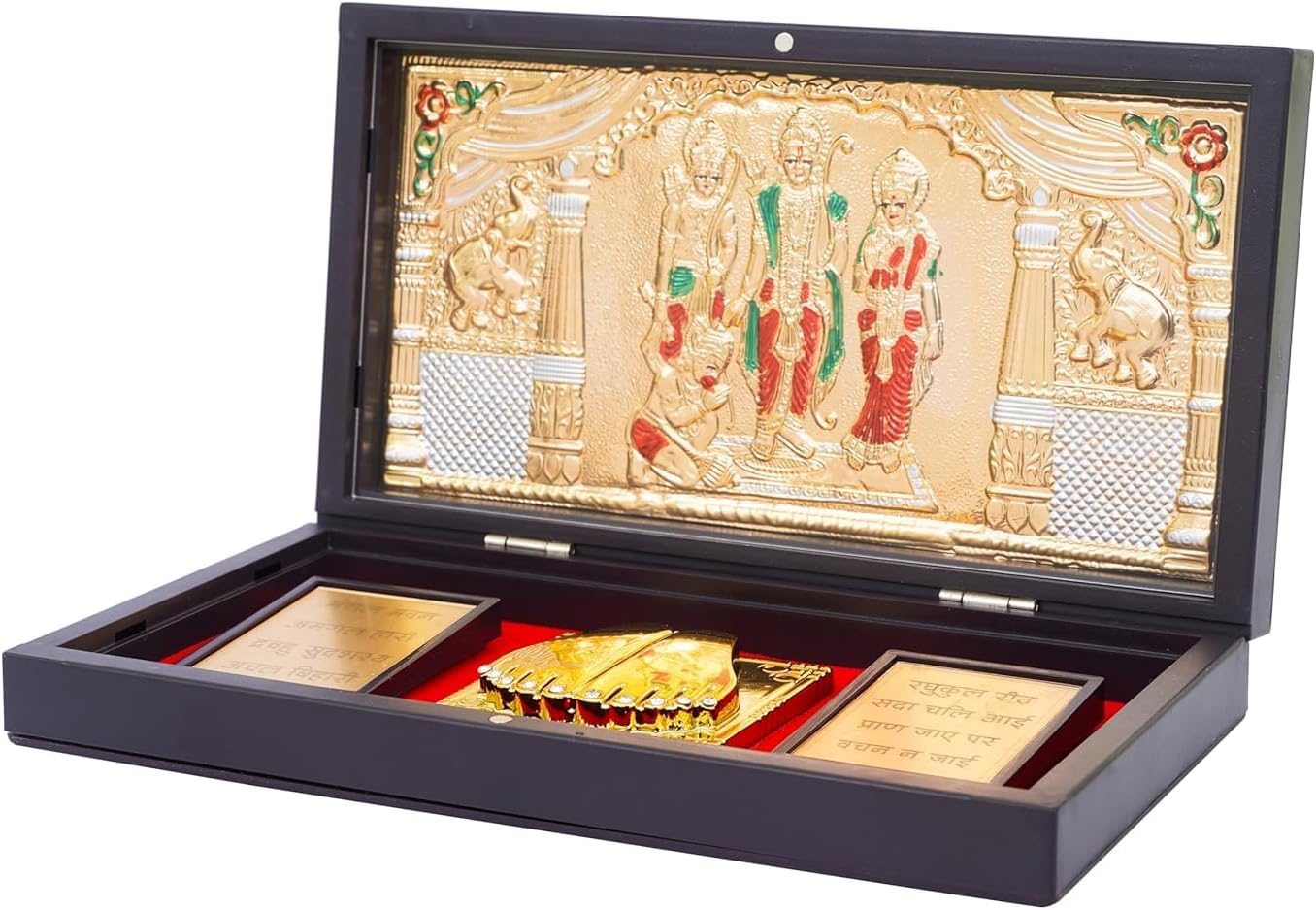Ram Darbar Pocket Temple Box with Charan Paduka – Ram Laxman Sita Gold Plated Photo Frame for Puja Diwali Housewarming Gift and Tabletop Decor Premium quality in an attractive gift box