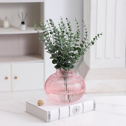 Miniatura 4 de Jarrón de cristal rosa para flores, florero de vidrio acanalado, jarrones redondos para tulipanes, jarrones cortos para sala de estar, oficina, mesa