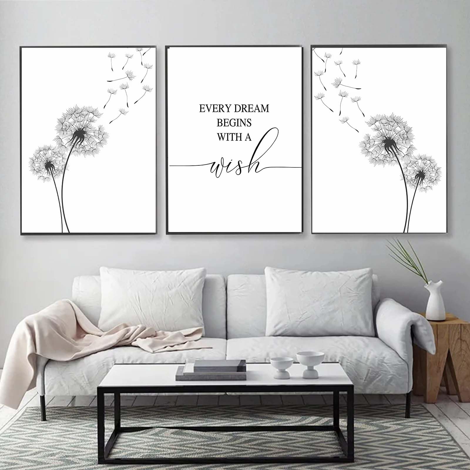 Black and White Dandelion Canvas Painting Wall Art Make Wish Dandelion Canvas Art Wall Decor, Minimalist Canvas Poster for Living Room Bedroom Nursery Decor Unframed (Dandelion, 24L" x 16W", Unframed)