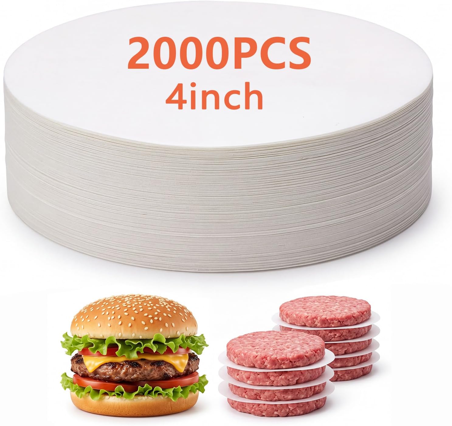 Jetec 2000Pcs 4 Inch Hamburger Patty Paper Round, Non-stick White Parchment