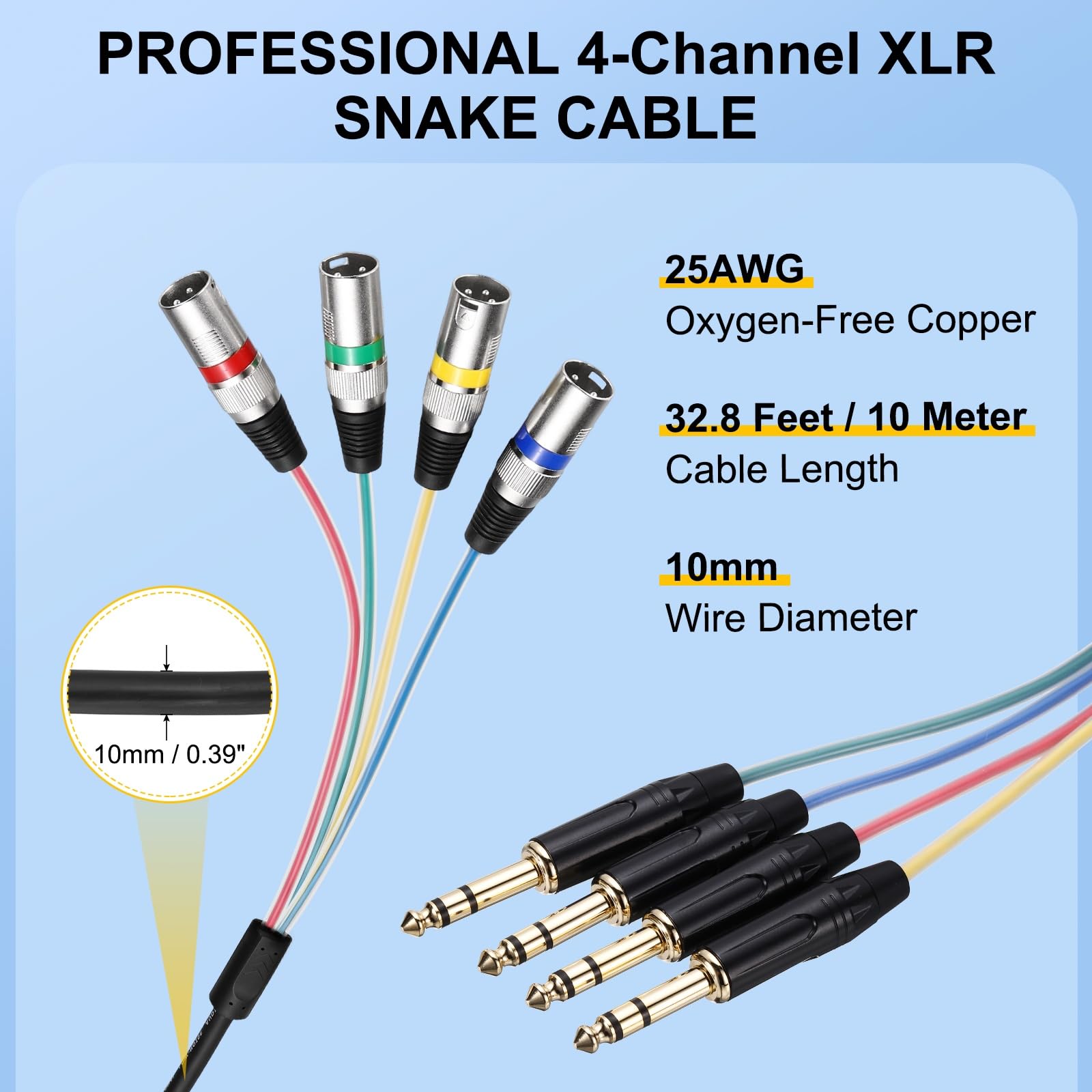 QUARKZMAN 1 Pezzo Cavo A Serpente 4 Canali XLR, Cavo Microfono 4 Vie XLR Maschio A TRS 6.35 Con Colori Diversi, Cavo Audio Bilanciato Per Palco Studio Registrazione, 10.0m