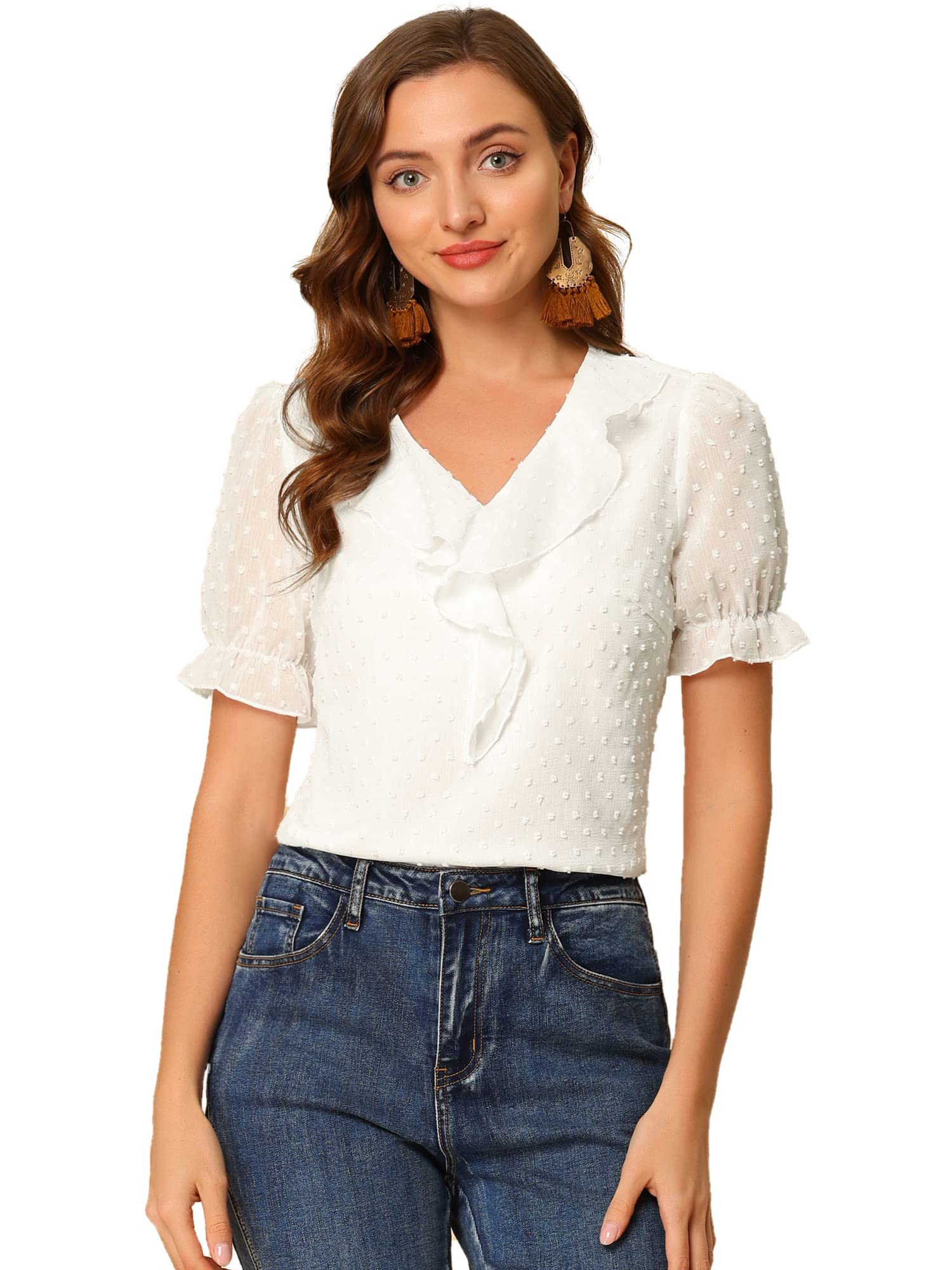 Allegra K Blusa De Lunares Suizos con Volantes, Cuello En V, Manga Corta, Gasa, Parte Superior Campesina