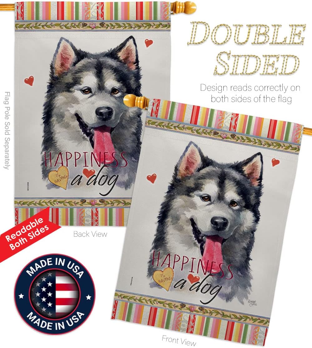 Breeze Decor Alaskan Malamute Happiness House Flag Pack Dog Puppy Spoiled Paw Canine Fur Pet Nature Farm Animal Creature Vintage Applique Banner Small Garden Yard Gift Double-Sided, Made in USA