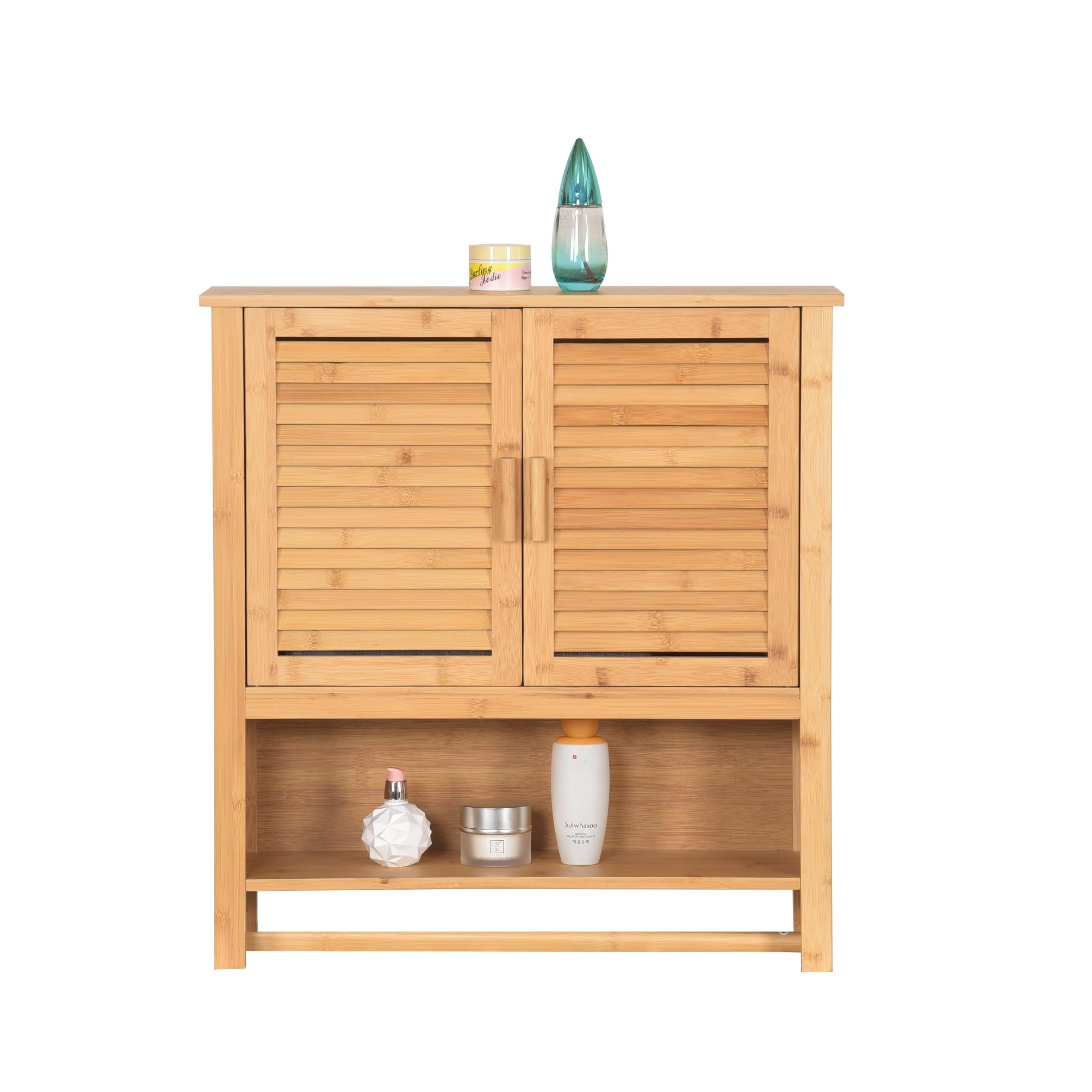 Armadietto sospeso in bambù per bagno, con 2 ante, porta asciugamani e ripiani, salvaspazio, 66 x 62 x 20 cm, colore naturale