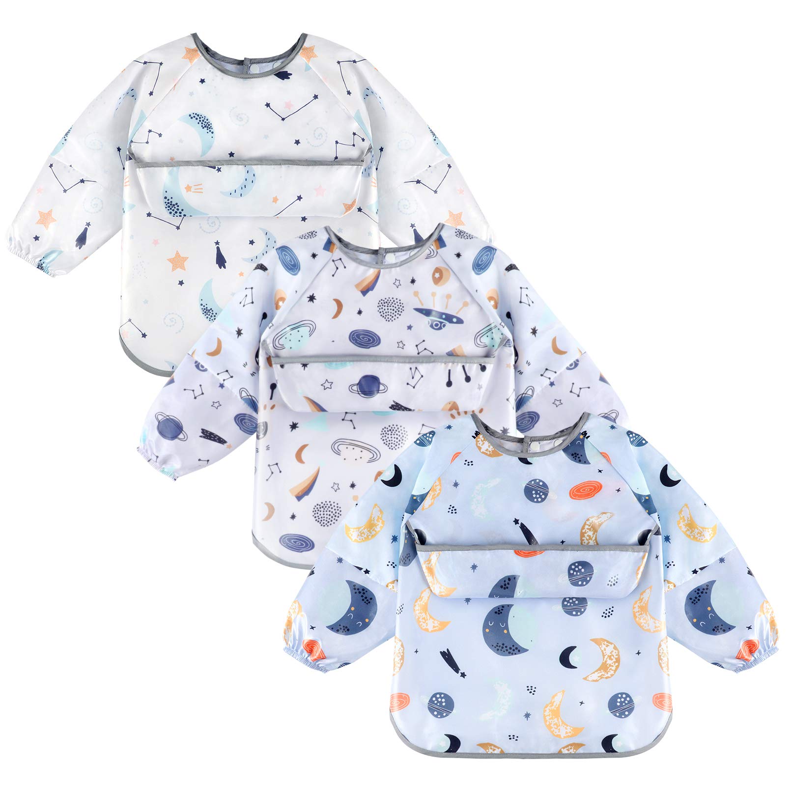Yoofoss Baby Bibs with Sleeves Waterproof Feeding Bibs 3 Pieces Painting Apron Bibs Unisex Baby Dribble Bibs for Infant Toddler 6 Months to 2 Years Old